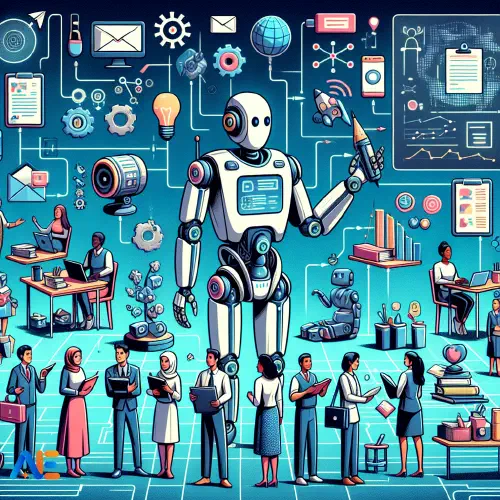 AI generated image featuring a central robotic figure, surrounded by various students, educators and other educational iconography