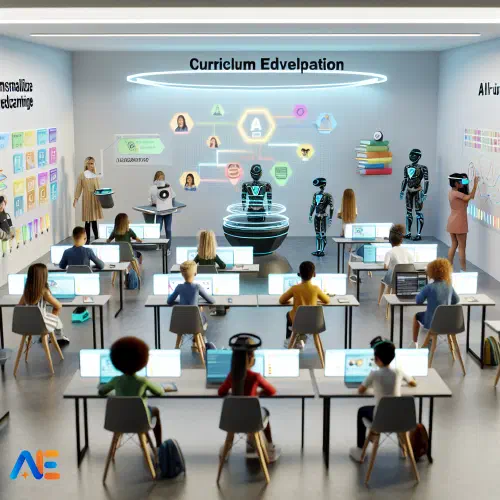 Tekoälyn luoma kuva futuristisesta luokkahuoneesta, jossa on robotiikkaopettaja keskellä, ihmisoopettaja vieressä ja toinen taulun ääressä