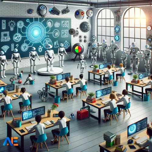 AI-genererad bild av ett futuristiskt klassrum där varje elev har en högteknologisk dator. Det finns många utbildningsrobotar runt om i klassrummet.