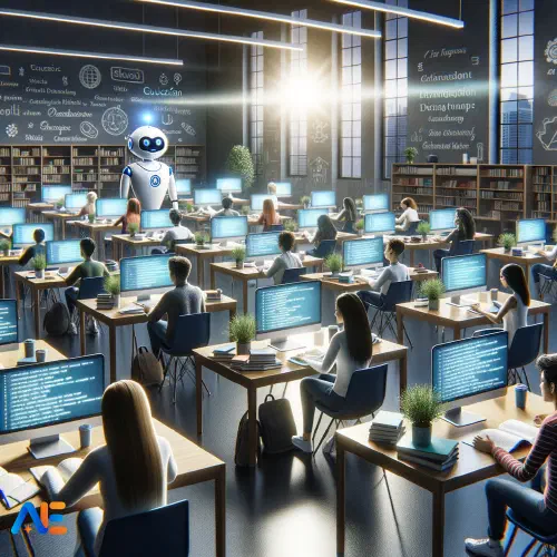 AI-genererad bild för ett klassrum, varje elev har en dator och använder en chattbot. Det finns en robot längst fram i klassrummet.