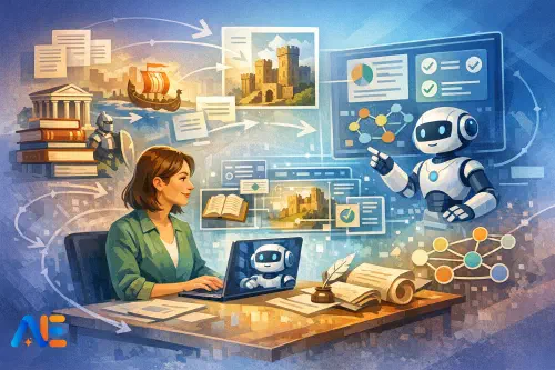 En lärare som översätter kursplanemål till klassrumsfärdigt historiskt material med hjälp av AI