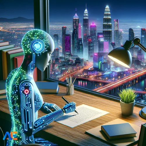 AI-genererad bild av en futuristisk humanoid som sitter vid ett skrivbord med penna och papper, med utsikt över ett nattligt stadssilhuett.