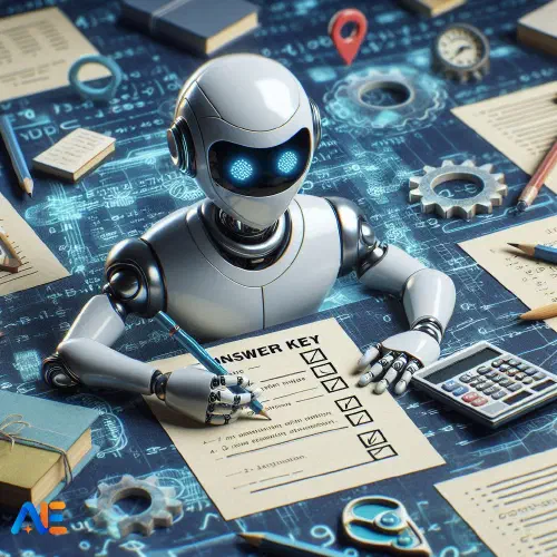AI generated image of a robot creating an answer key. The robot is surrounded by papers and pencils.