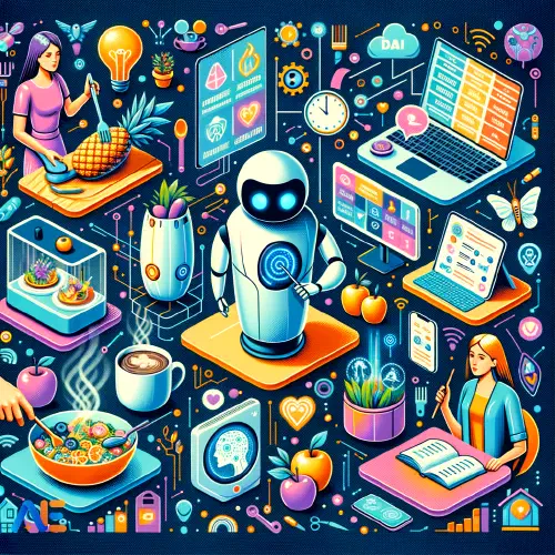 AI generated graphic depicting a central robot surrounded by numerous colourful iconography