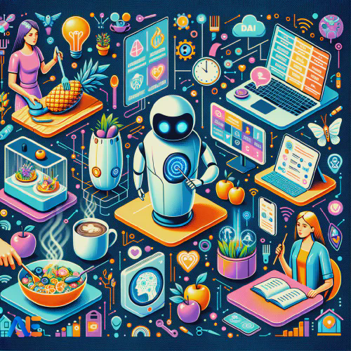 AI generated graphic depicting a central robot surrounded by numerous colourful iconography