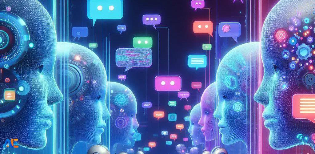 AI-genererad bild som innehåller flera robothuvuden med kommunikationsbubblor runt dem