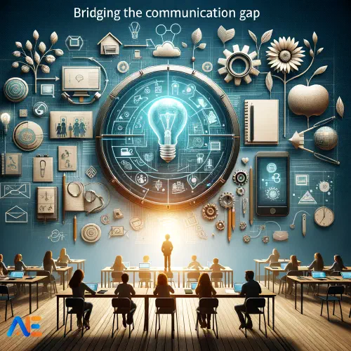 AI-genererad bild av en klassrumsmiljö som om den vore tagen bakifrån. Klassrummet har många elever och är placerat längst ner i bilden. Bleknar uppåt i bildutrymmet och övergår i ikonografi för utbildning och kommunikation.