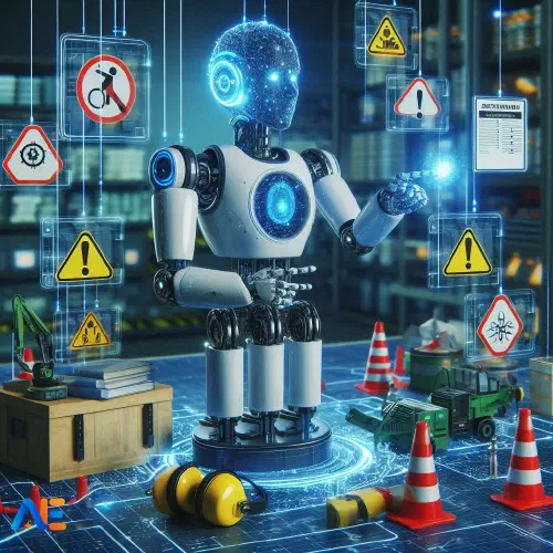 AI generated image of a robot conducting a risk assessment. The robot is surrounded by safety signs and equipment.