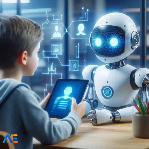 AI generated image of a robot communicating with a student. The student is holding a tablet.
