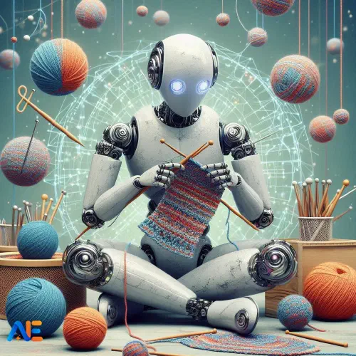 AI-genererad bild av en robot som stickar. Roboten är omgiven av garnnystan och sticknålar.