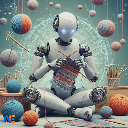 AI generated image of a robot knitting. The robot is surrounded by balls of yarn and knitting needles.