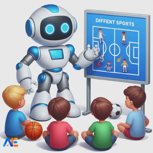 AI generated image of a robot explaining sport to a group of kids. There is a white board on wheels with a sports field and players in position.