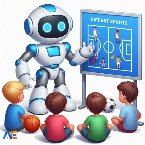 Tehisintellekti loodud pilt robotist, kes selgitab sporti lastegrupile. Seal on ratastel valge tahvel, millel on spordiväljak ja mängijad positsioonidel.