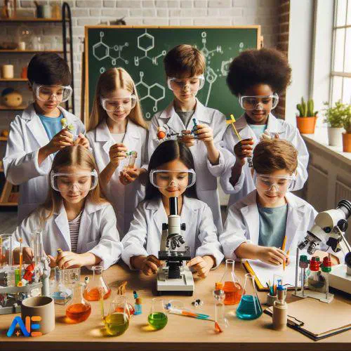 AI loodud pilt lastest klassiruumis, kandes valgeid laborikitleid ja kaitseprille, ümbritsetud erinevate teaduslike vahenditega