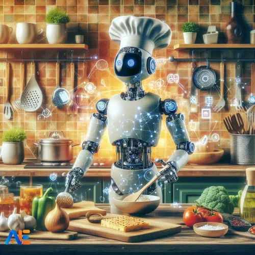 AI generated image of a robot cooking in a kitchen. The robot is surrounded by various cooking utensils and ingredients.