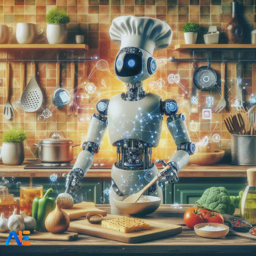 AI generated image of a robot cooking in a kitchen. The robot is surrounded by various cooking utensils and ingredients.