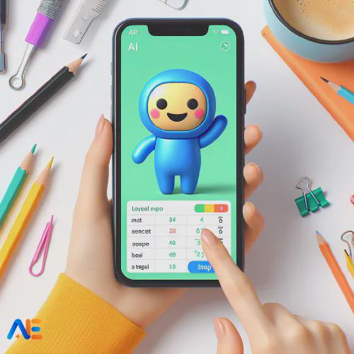 AI generated image of a phone showing a helpful bot along with a spreadsheet with data. The background has teaching related items, pencils, paper clips, coffee