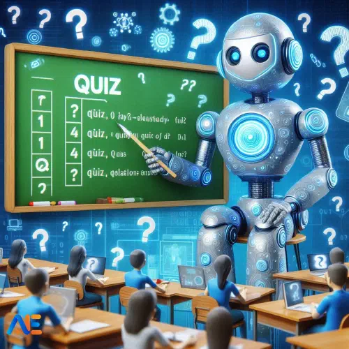 AI-genererad bild av en robot som skapar ett quiz. Roboten är omgiven av frågetecken och en svart tavla med quizfrågor.