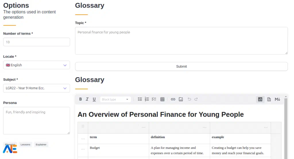 The glossary generator tool with options