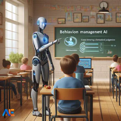 Classroom setting with AI bot, chalk board in the background references behaviour management