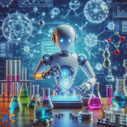 AI generated image of a robot conducting a science experiment. The robot is surrounded by test tubes and beakers.