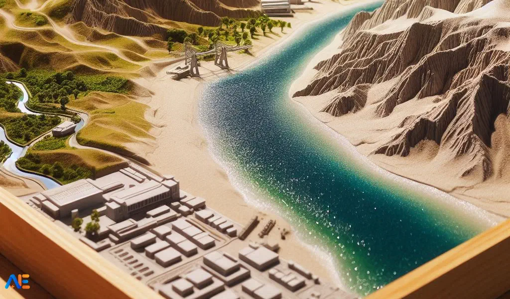 Bild av en modellandskap med sand och vatten. Vattenflödet demonstrerar erosionens effekter på marken.