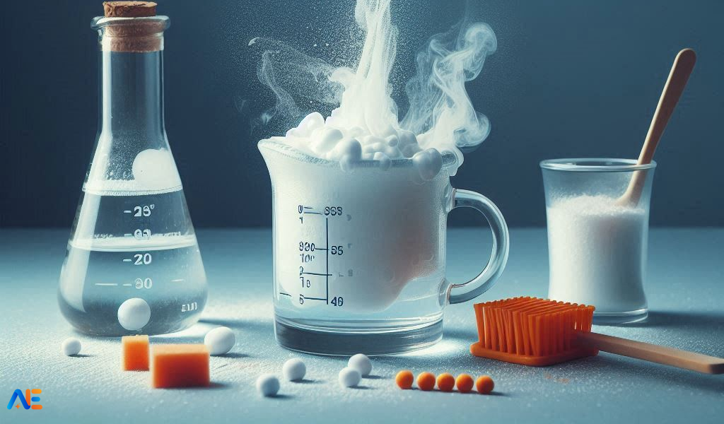 Image of a beaker containing vinegar with baking soda being dropped in. The reaction causes bubbles and fizz.