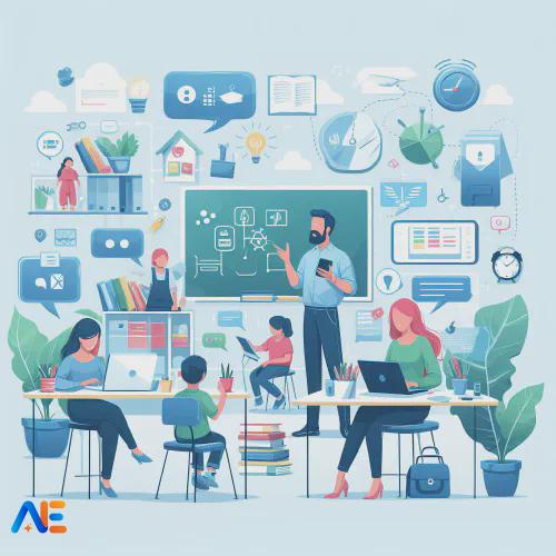 AI generated image depicting teachers communicating with parents, various teaching iconography in the background