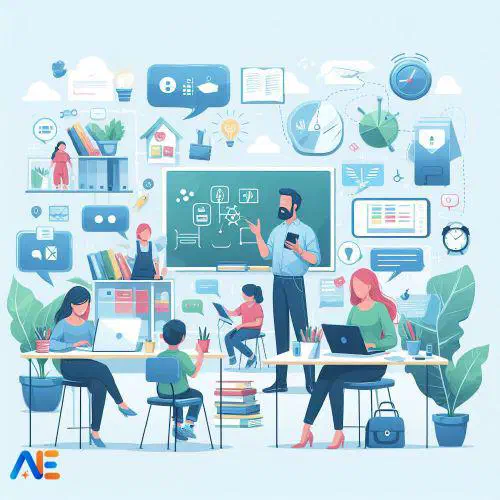 AI generated image depicting teachers communicating with parents, various teaching iconography in the background