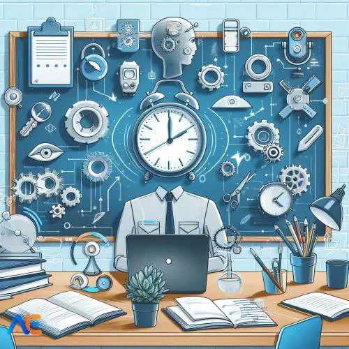 AI generated image of an educator. The head has been replaced with a clock. They are sat at a desk with many books, laptop and other items.