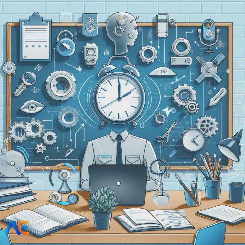 AI generated image of an educator. The head has been replaced with a clock. They are sat at a desk with many books, laptop and other items.