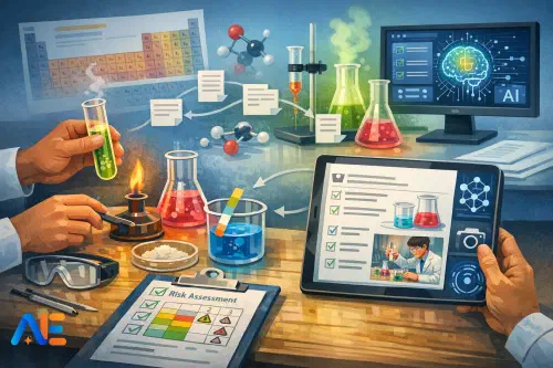 Luonnontieteiden opettaja valmistelee tutkimuspakettia laboratoriovälineiden ja kannettavan tietokoneen kanssa
