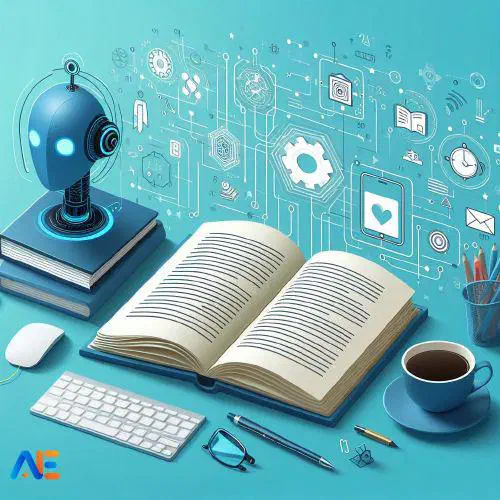 Tehisintellekti loodud pilt raamatust laual, kõrval kohvitass, pastakad, hiir, klaviatuur ja robotipea