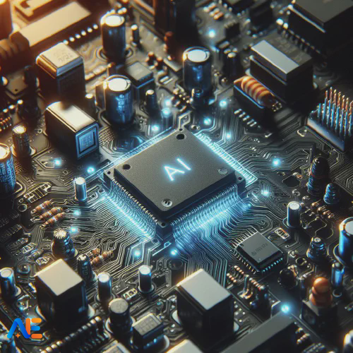 AI generated image of a circuit board with a central chip with the text 'AI'