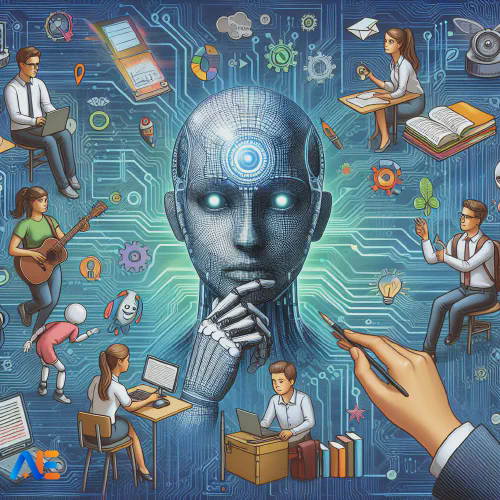 AI generated image of an AI bot's head in a pondering pose. It is surrounded by various educators.