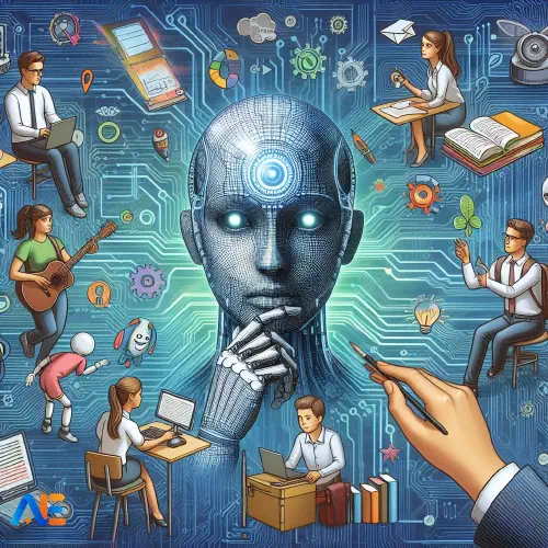 AI-genererad bild av ett AI-bots huvud i en funderande pose. Det är omgivet av olika utbildare.