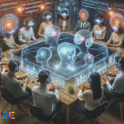 AI generated image of a futuristic classroom. Students sit around a single large hologram type desk, they are all wearing goggles and head phones.