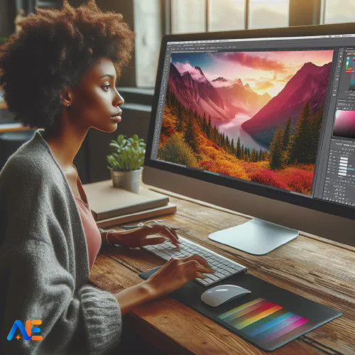 AI generated image of a woman using a computer with photo editing software. The image being edited is a photo of a gorge with a river running through it.