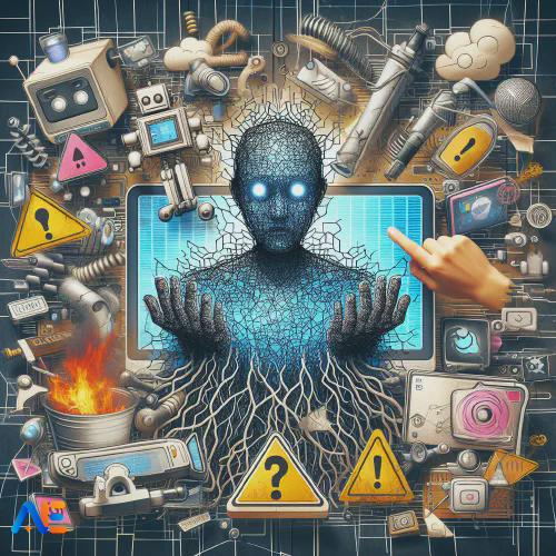 AI generated image with various negative symbology around the edges, such as burning container, warning and error signs. In the center is an AI bot with despair