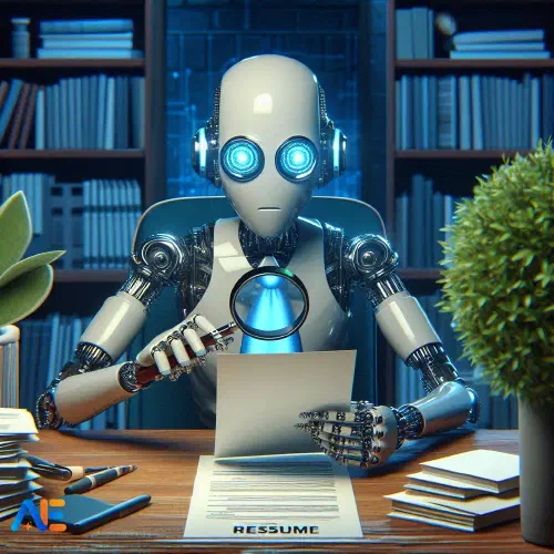 AI genererad bild av en robot som granskar ett CV. Roboten sitter vid ett skrivbord med ett förstoringsglas och gör en noggrann granskning.