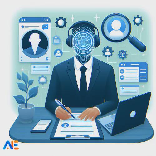 A person in a suit sat at a desk with paperwork and laptop. The face resembles a spiral galaxy. Background has iconography related to development; an online profile, magnifying glass and others