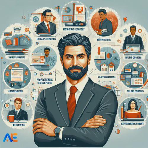An AI generated image of a man in a suit surrounded by professional development iconography. Online courses, certification, workshops, seminars, mentoring and others