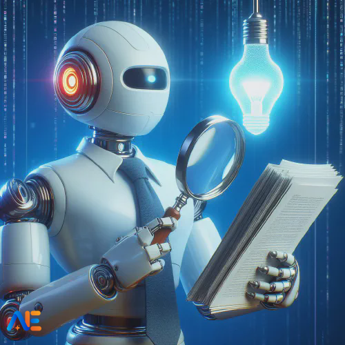 Tekoälyn luoma kuva robotista, joka selaa paperipinoa.