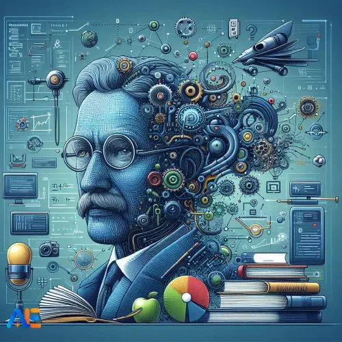 AI Generated image depicting a complex mind, there are books, charts and apple in the background.