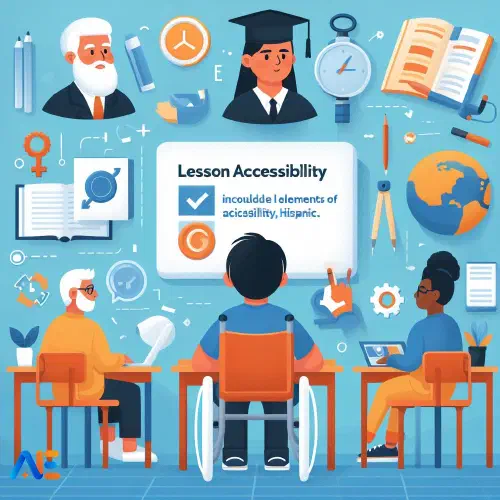 AI generated image depicting students with accessibility needs, background includes accessibility iconography