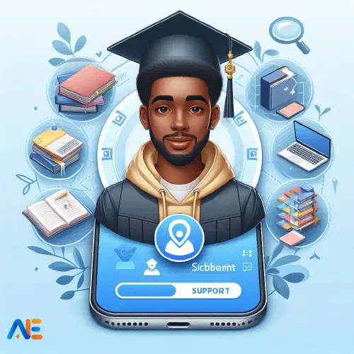 AI-genererad bild av en student med examenshatt, omgiven av olika stödverktyg som böcker, laptop etc.