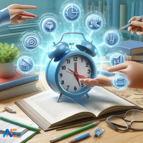 AI-genererad bild av en väckarklocka, omgiven av föremål som tar tid. Den står på ett skrivbord med olika böcker och flera händer som gestikulerar.