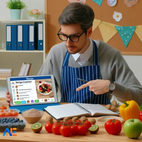 En lärare som använder Receptskaparen för att planera en matlagningslektion. Bordet innehåller olika ingredienser som kryddor, gul paprika, tomat och frukt.