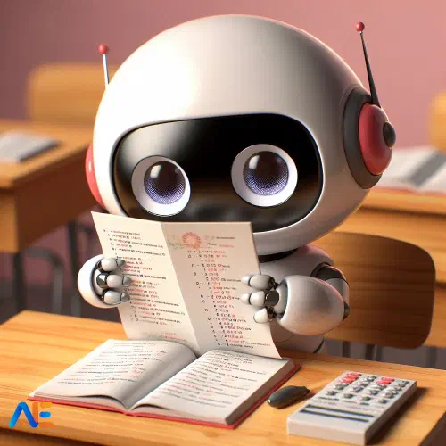 Tekoälyn luoma kuva söpöstä tekoälybotista, joka istuu pöydän ääressä tekemässä koetta. Pöydällä on kirjoja, laskin ja koepaperi.