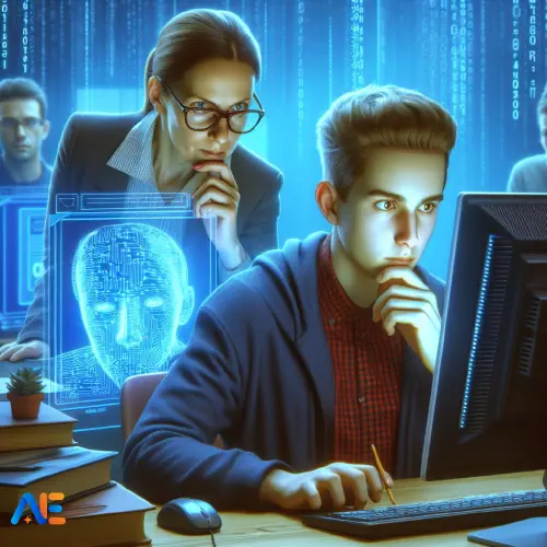 AI generated image of a student sneakily using a computer during a test, while a teacher looks suspiciously.